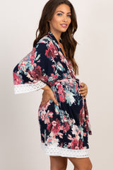 PinkBlush Navy Blue Floral Lace Trim Delivery/Nursing Maternity Robe