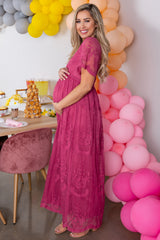 PinkBlush Magenta Lace Mesh Overlay Maternity Maxi Dress