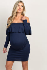Navy Ruffle Trim Off Shoulder Fitted Maternity Dress