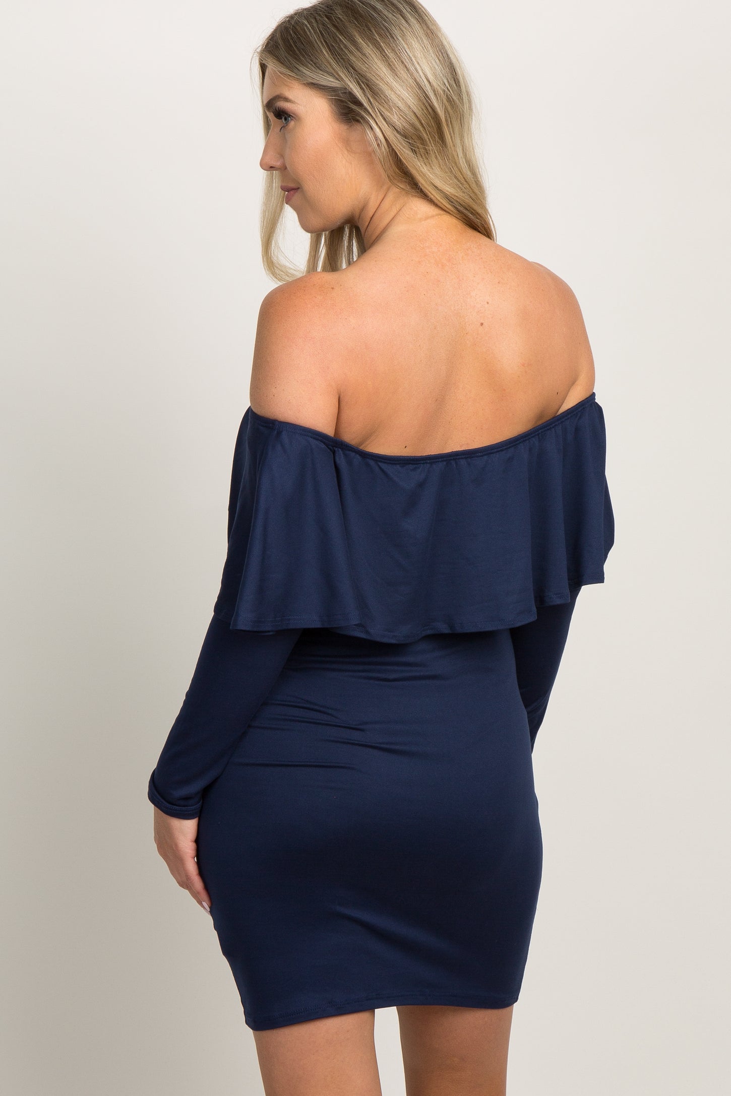Navy Ruffle Trim Off Shoulder Fitted Maternity Dress