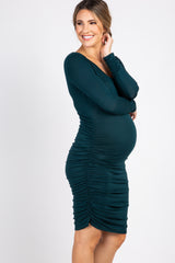 Forest Green Ruched Scoop Neck Maternity Dress