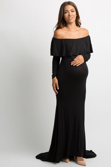 Black Off Shoulder Ruffle Maternity Photoshoot Gown/Dress