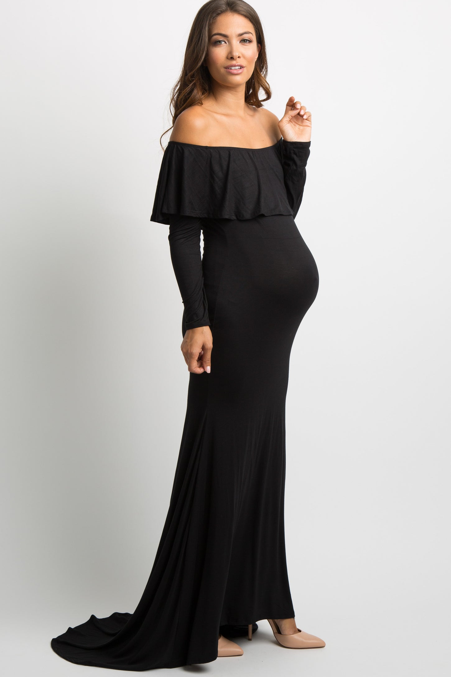 Black Off Shoulder Ruffle Maternity Photoshoot Gown/Dress