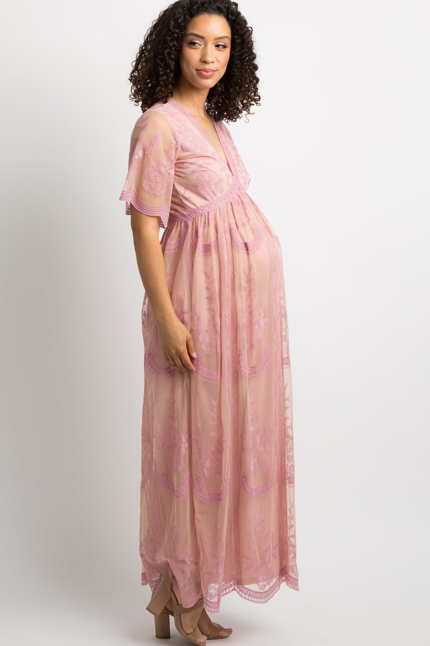 Pink Lace Mesh Overlay Maternity Maxi Dress