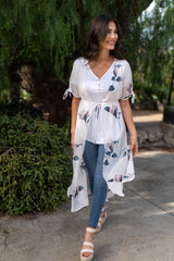 Cream Floral Chiffon Tie Accent Long Cover Up