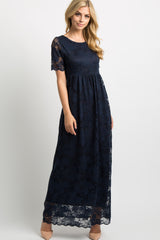 Navy Blue Lace Overlay Maternity Maxi Dress
