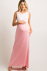 PinkBlush Light Coral Lace Overlay Top Maternity Maxi Dress