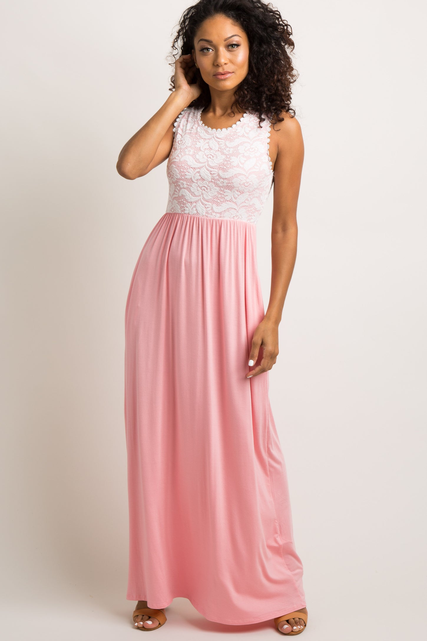 PinkBlush Light Coral Lace Overlay Top Maxi Dress
