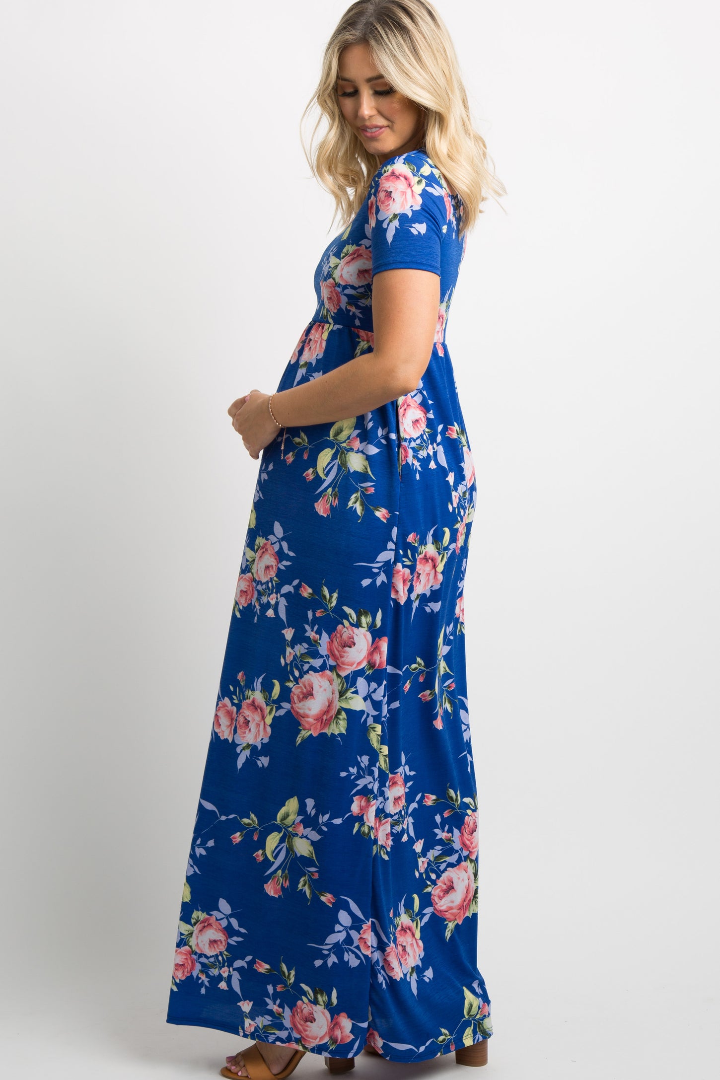 PinkBlush Royal Blue Rose Print Short Sleeve Maternity Maxi Dress