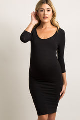 Black 3/4 Sleeve Fitted Maternity Dress