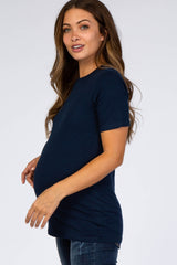 Navy Blue Solid Short Sleeve Maternity Top