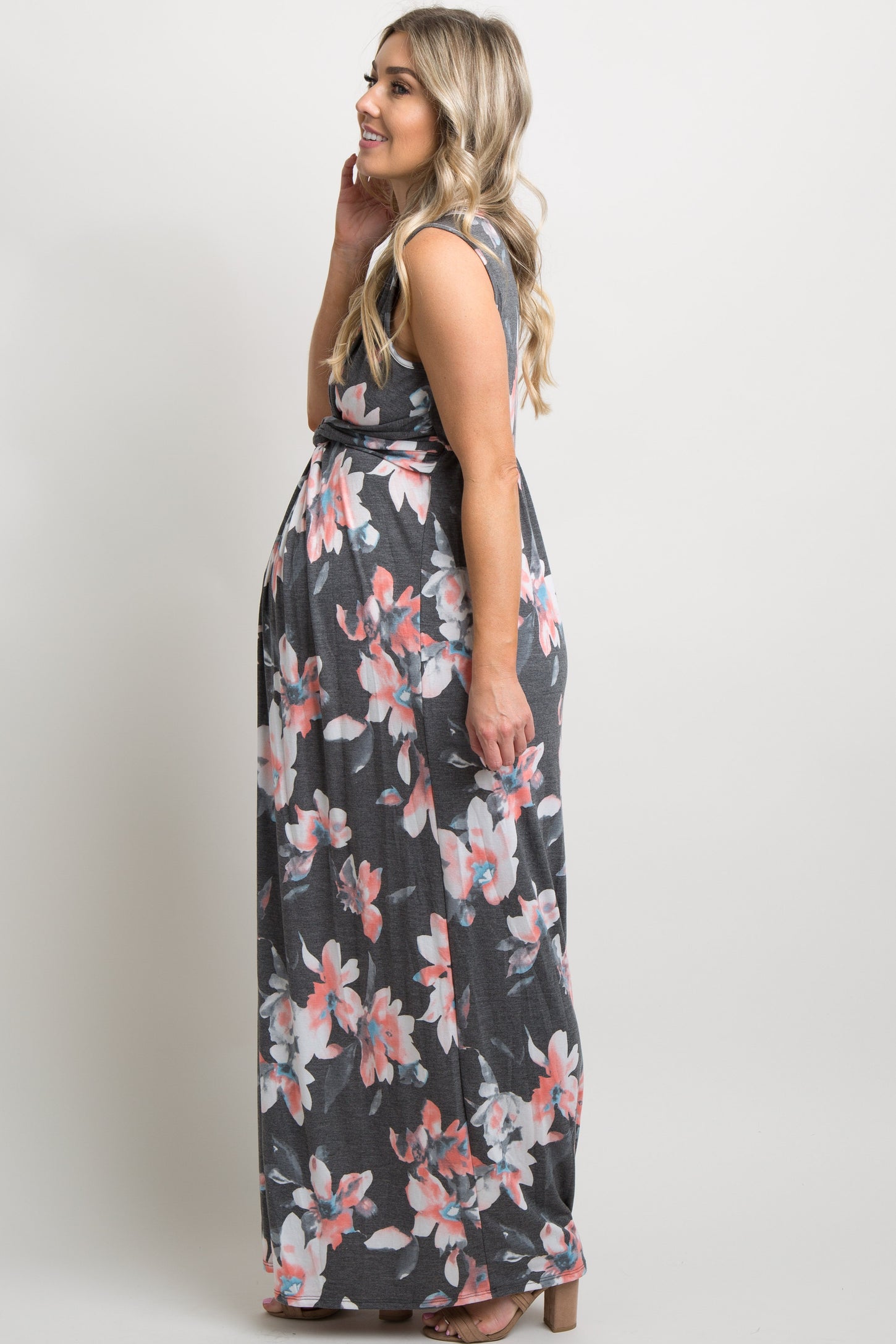 Charcoal Grey Floral Sleeveless Knot Front Maternity Maxi Dress