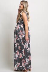 Charcoal Grey Floral Sleeveless Knot Front Maternity Maxi Dress