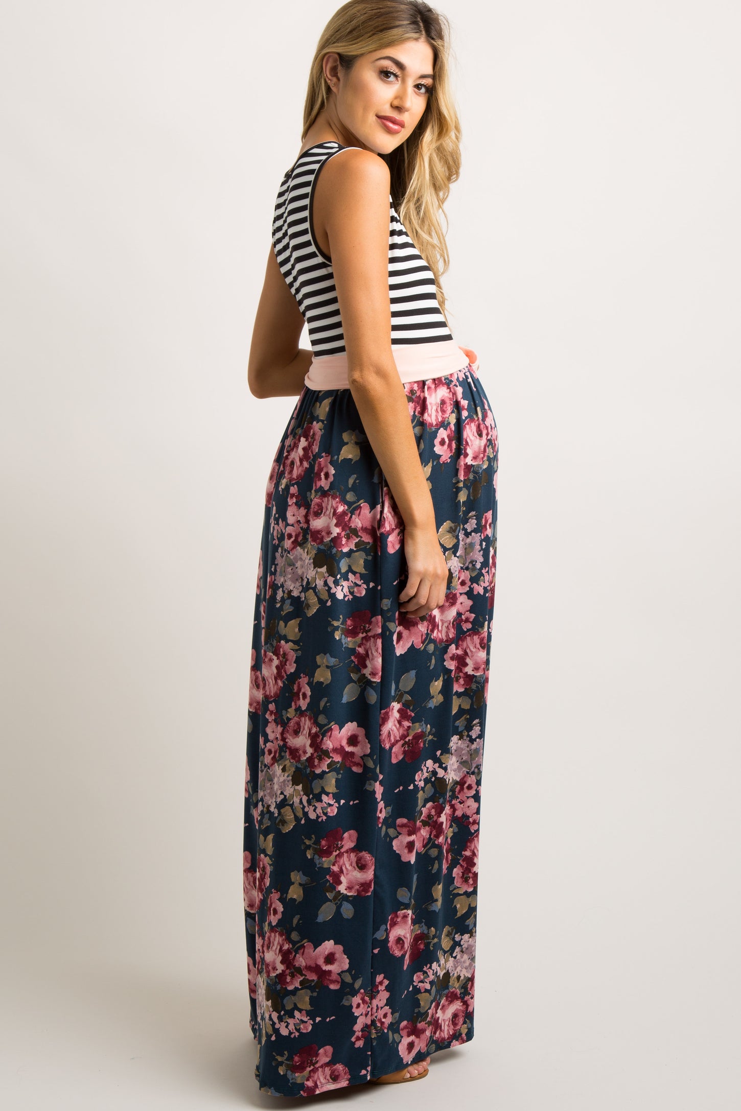 Teal Floral Striped Sash Tie Maternity Maxi Dress