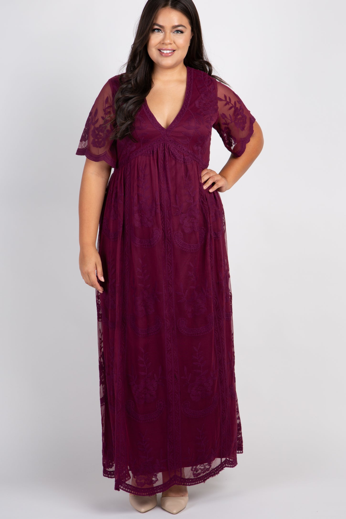 PinkBlush Burgundy Lace Mesh Overlay Plus Maternity Maxi Dress