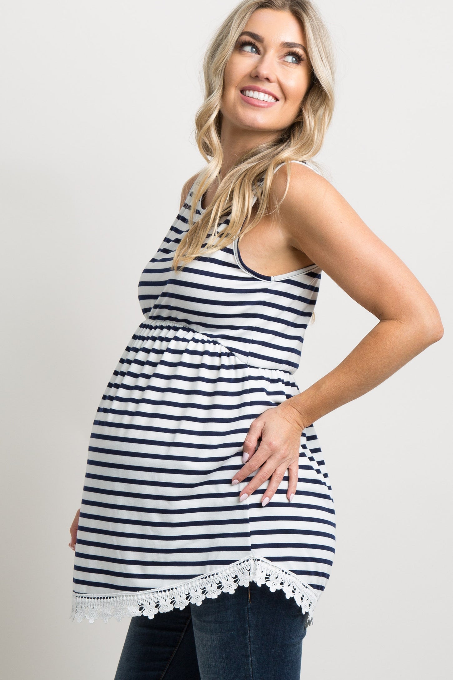 PinkBlush Navy Blue Striped Sleeveless Peplum Maternity Tunic
