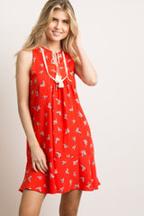 Red Floral Crochet Tassel Tie Maternity Shift Dress
