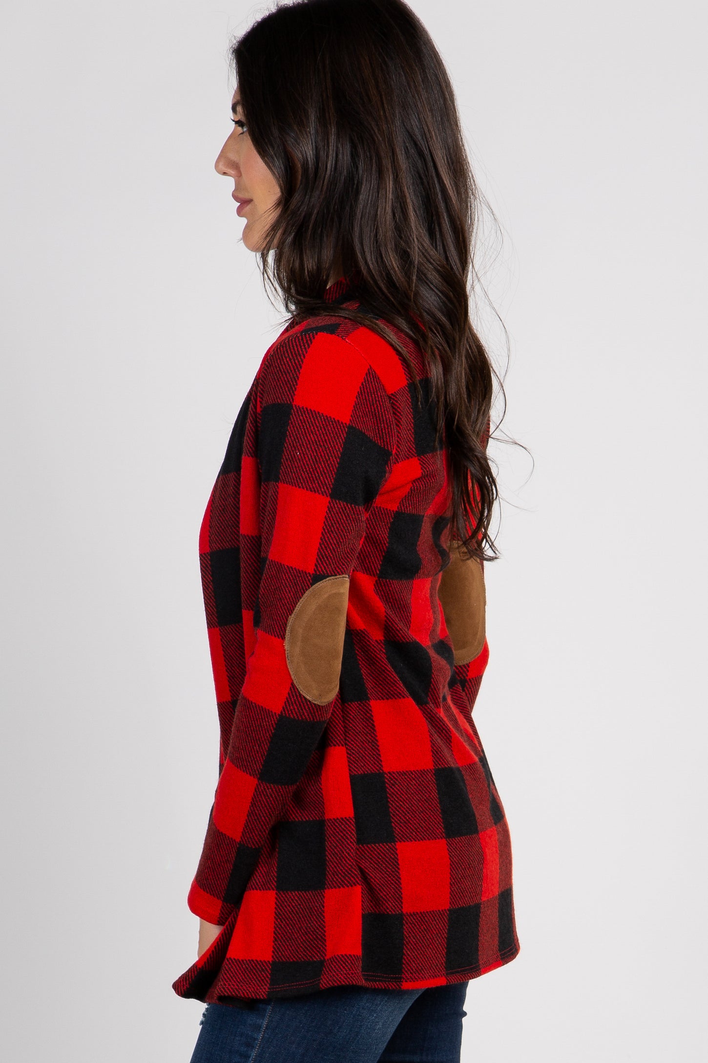 Red Plaid Suede Elbow Cardigan