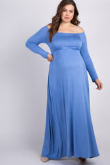 PinkBlush Light Blue Solid Off Shoulder Plus Maternity Maxi Dress