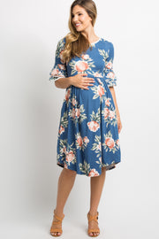 Blue Floral Layered Sleeve Maternity Dress