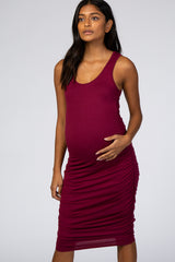 Burgundy Solid Ruched Fitted Maternity Bodycon Midi Dress