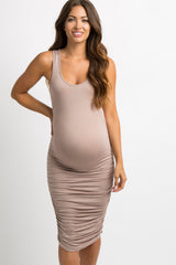 Mocha Solid Ruched Fitted Maternity Bodycon Midi Dress