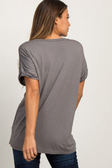 Charcoal Grey Basic V-Neck Pocket Top