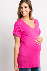 Fuchsia V-Neck Pocket Accent Maternity Top