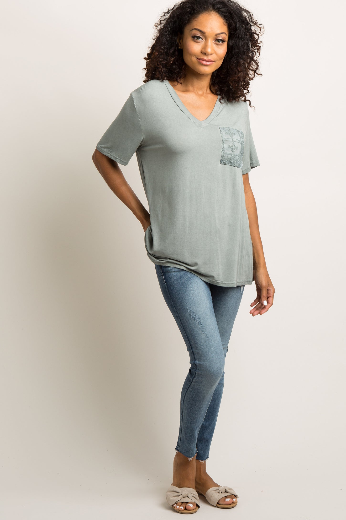 Mint Green Embroidered Mesh Pocket Top