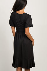 Black Solid Flounce Trim Dress