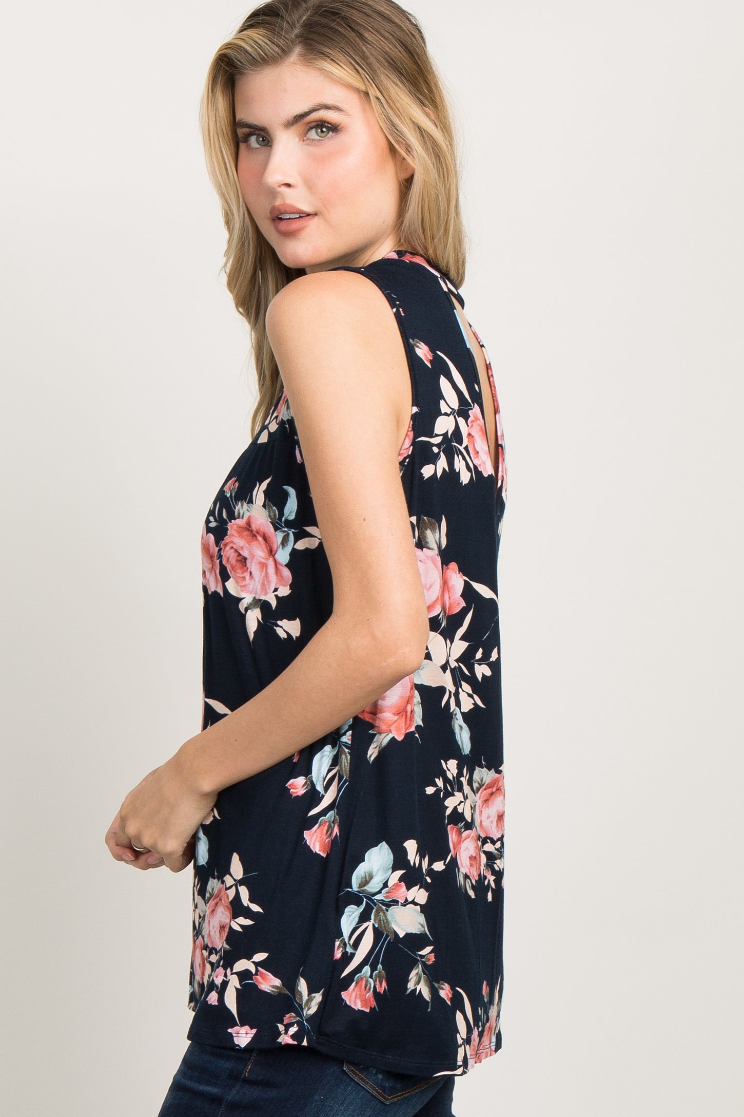 PinkBlush Navy Blue Floral Pleated Front Tank Top
