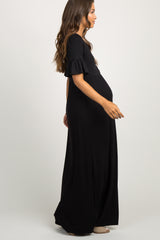 Black Button Ruffle Sleeve Maternity Maxi Dress