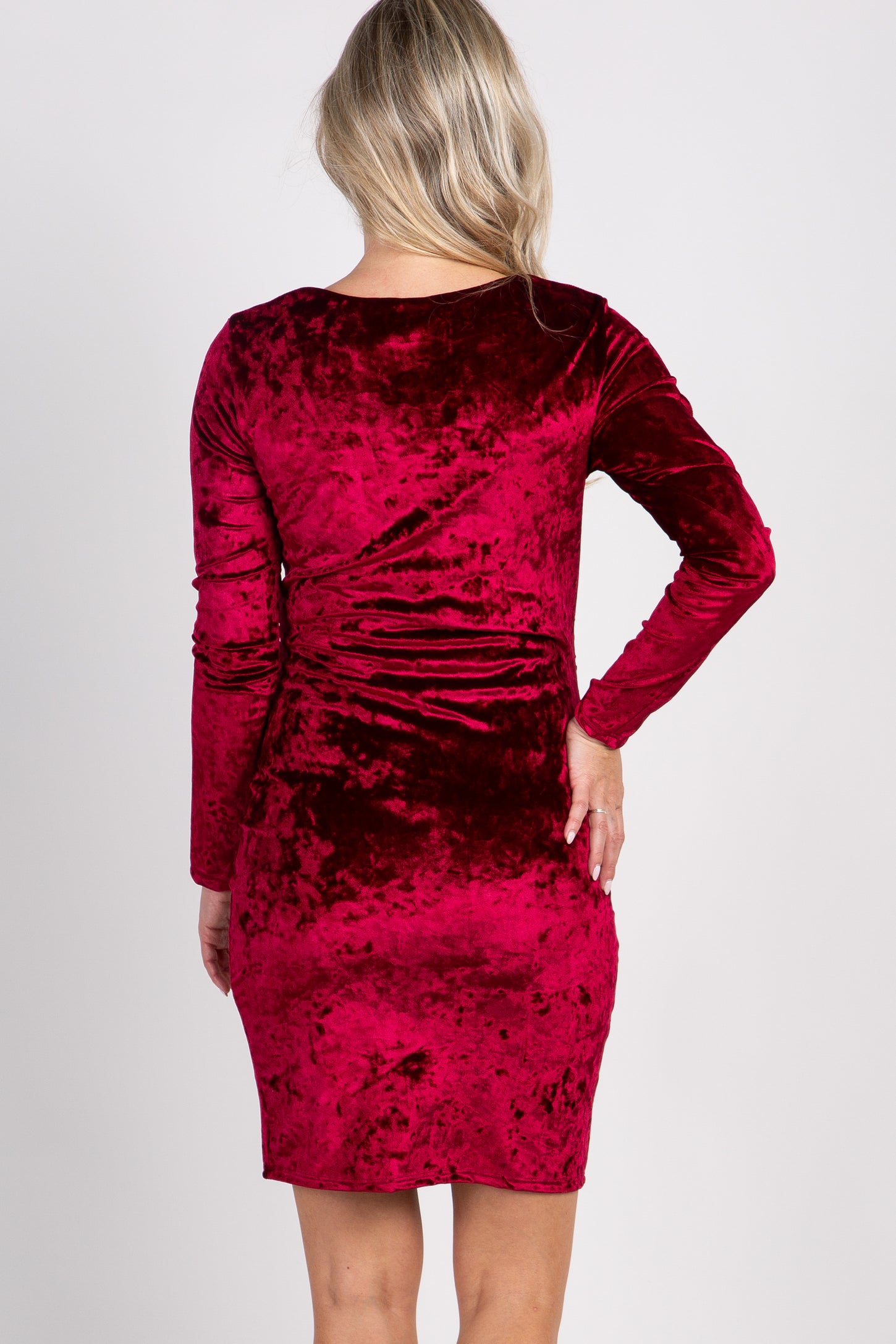 PinkBlush Burgundy Velvet Fitted Long Sleeve Maternity Dress
