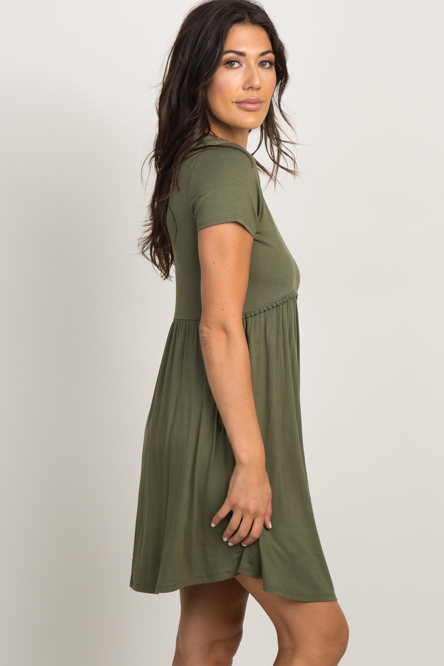 PinkBlush Olive Solid Crochet Trim Shift Dress