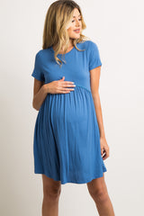 PinkBlush Blue Solid Crochet Trim Maternity Shift Dress