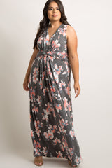 Charcoal Grey Floral Sleeveless Knot Front Plus Maternity Maxi Dress