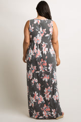 Charcoal Grey Floral Sleeveless Knot Front Plus Maternity Maxi Dress