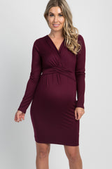 PinkBlush Burgundy Draped Front Long Sleeve Maternity/Nursing Dress