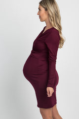 PinkBlush Burgundy Draped Front Long Sleeve Maternity/Nursing Dress