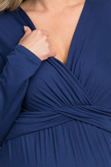 PinkBlush Navy Blue Draped Front Long Sleeve Maternity/Nursing Dress