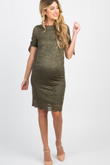 Olive Lace Overlay Sleeve Tie Fitted Maternity Dress