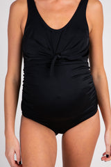 PinkBlush Black Ribbed Front Knot One-Piece Maternity Swimsuit