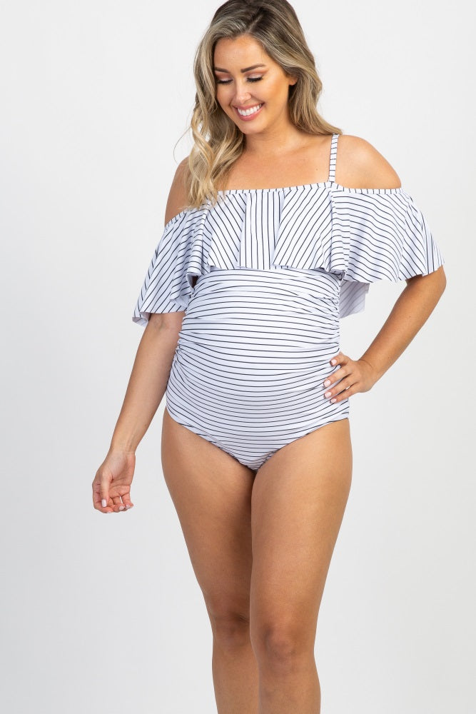 PinkBlush White Striped Ruffle Trim Ruched One-Piece Maternity Swimsuit