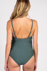 PinkBlush Green Scoop Front Low Back Ruched One-Piece Maternity Swimsuit