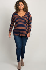 Rust Striped Long Sleeve V-Neck Plus Maternity Top