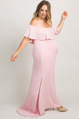 Pink Ruffle Off Shoulder Mermaid Plus Maternity Photoshoot Gown/Dress
