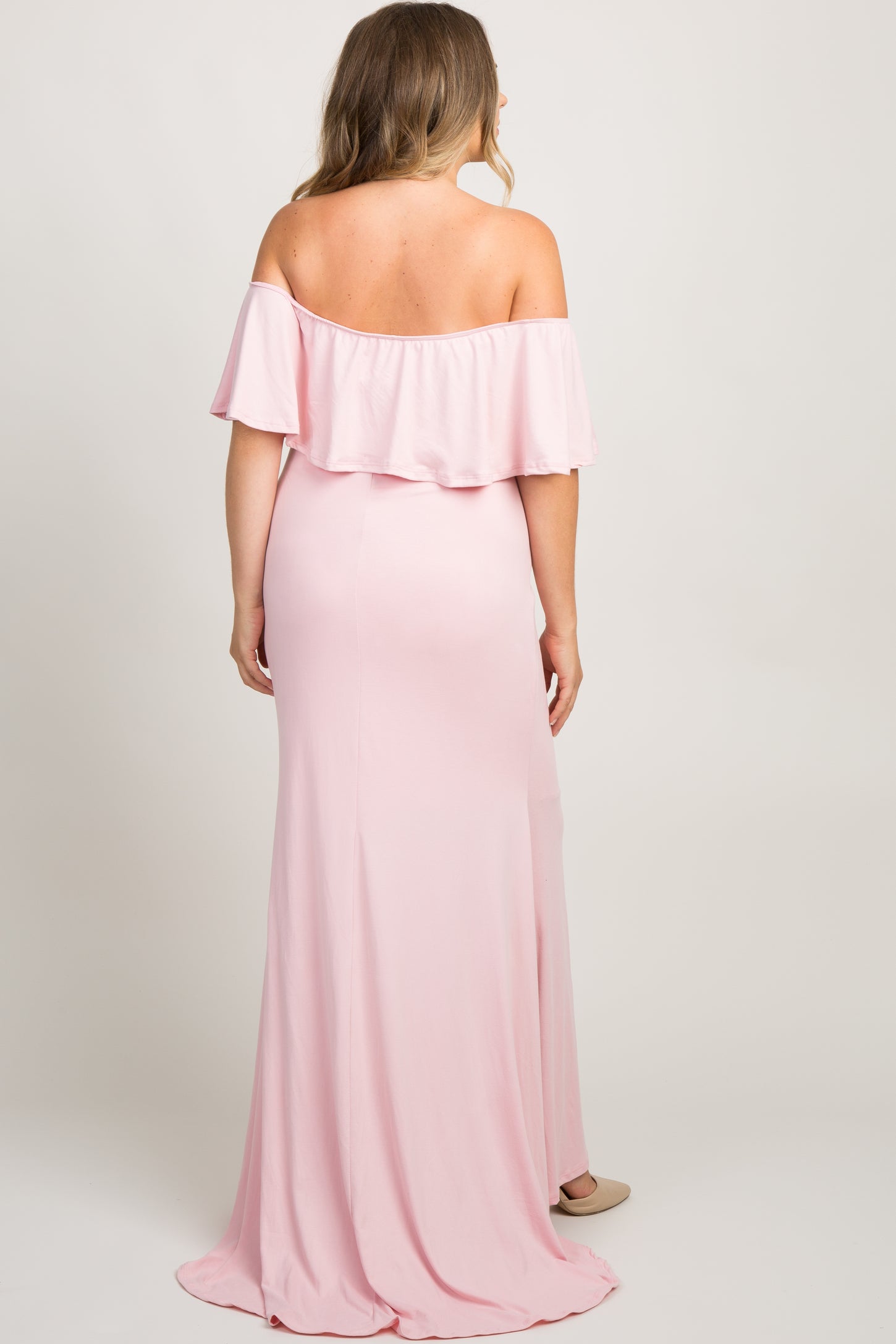 Pink Ruffle Off Shoulder Mermaid Plus Maternity Photoshoot Gown/Dress
