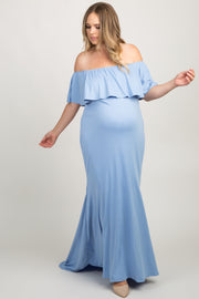 Blue Ruffle Off Shoulder Mermaid Maternity Plus Photoshoot Gown/Dress