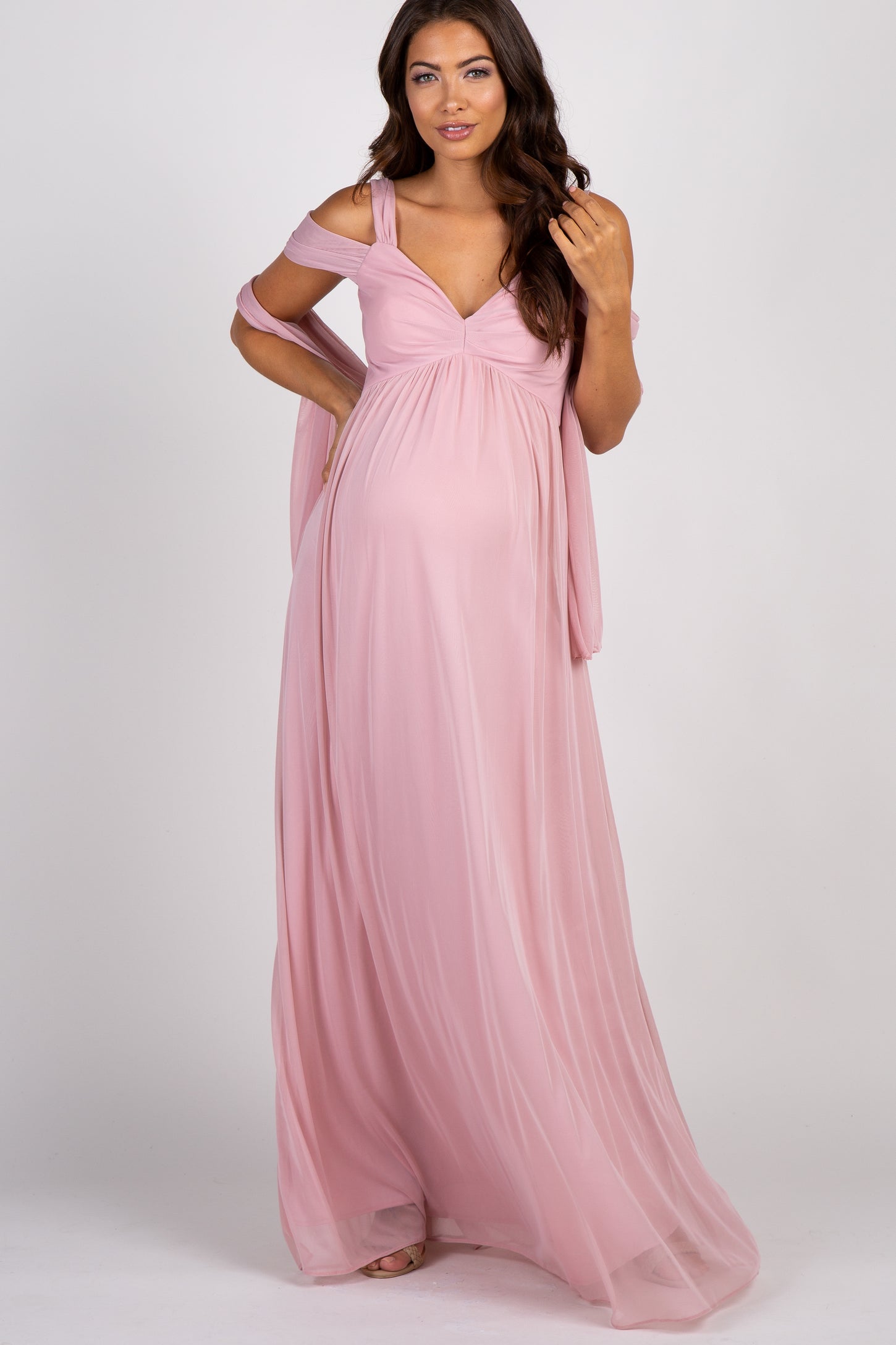 Light Pink Chiffon Cold Shoulder Maternity Evening Gown