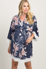 PinkBlush Navy Faded Floral Lace Trim Maternity Delivery/Nursing Robe